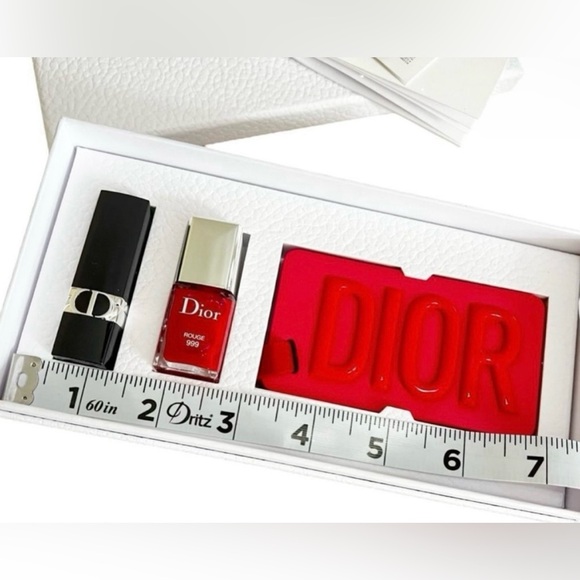 DIOR 999 Red Lipstick, Nail Polish, Luggage Tag/Mirror set in Box - Picture 6 of 12